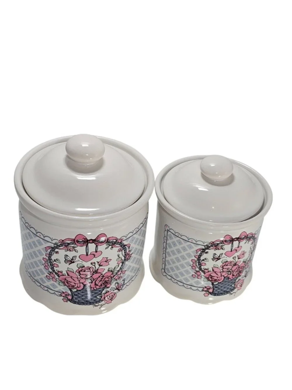 1980s Canister Set /2 Veranda Hearts Roses Basket Cottagecore vtg kitchen storag